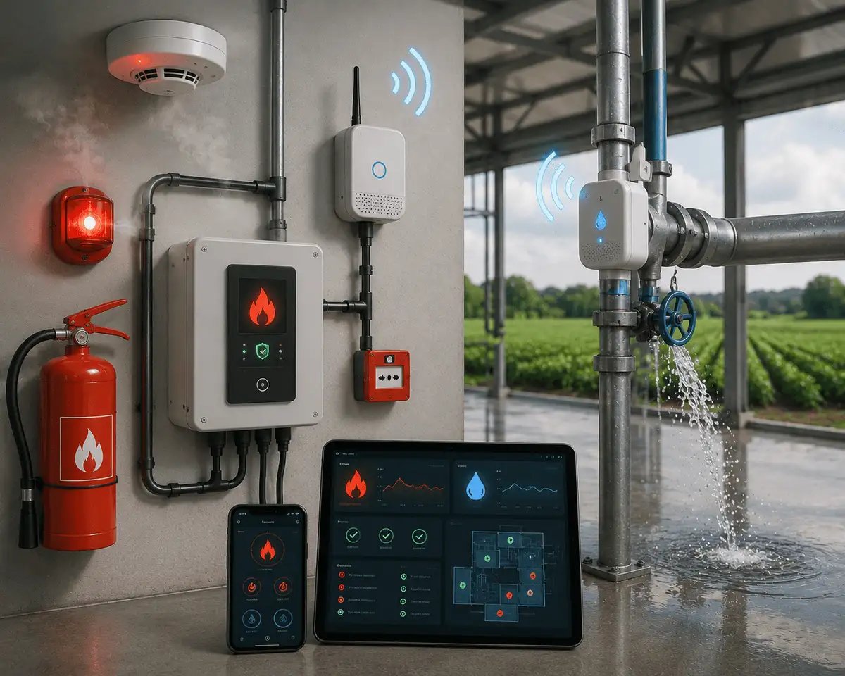 Smart fire detection and water leak monitoring system with instant alerts, automated safety controls, and remote infrastructure protection.